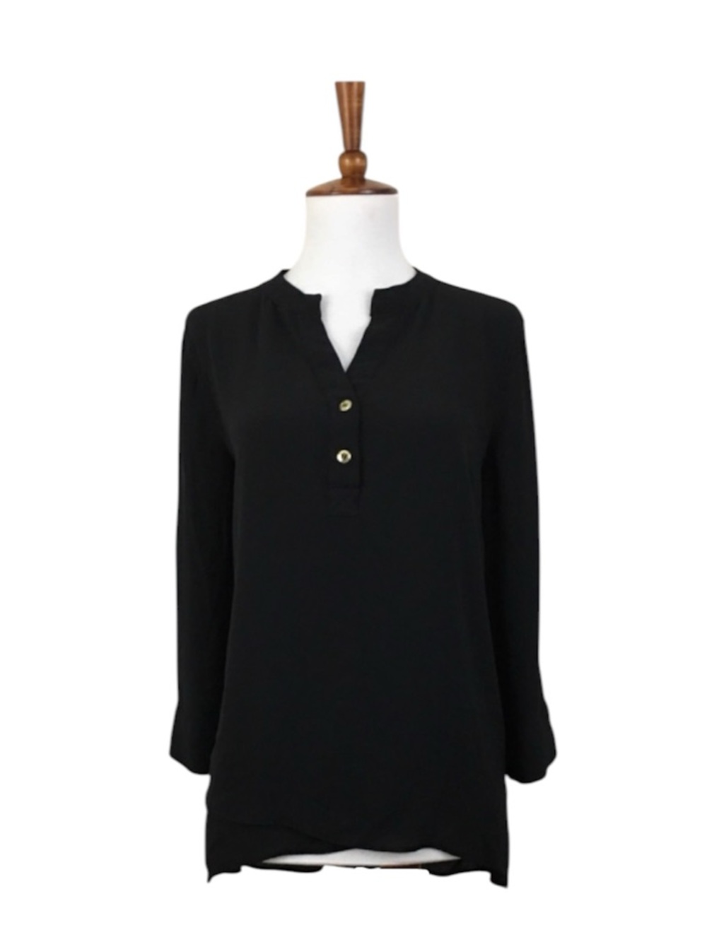 Catherine Malandrino Black Blouse Women’s M 3/4 Sleeve Henley Casual Office‎